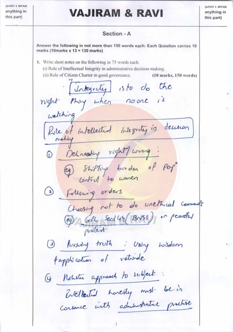 Ranga Manju handwritten UPSC Mains answer to "Short notes (75 words each): (i) Role of intellectual integrity in administrative decision" (GS4, Rank 24, CSE 2024)