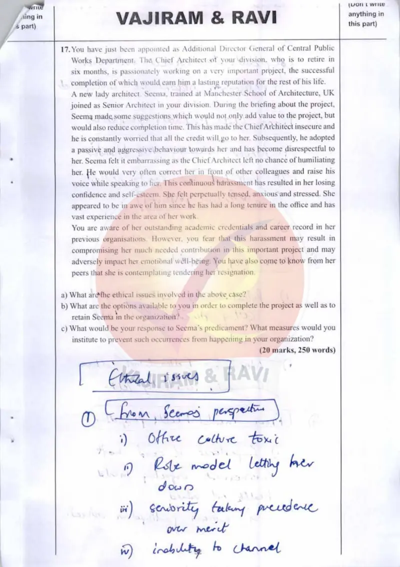 Ranga Manju handwritten UPSC Mains answer to "Case study — Additional DG, CPWD; insecure Chief Architect harassing new Senior Architect " (GS4, Rank 24, CSE 2024)