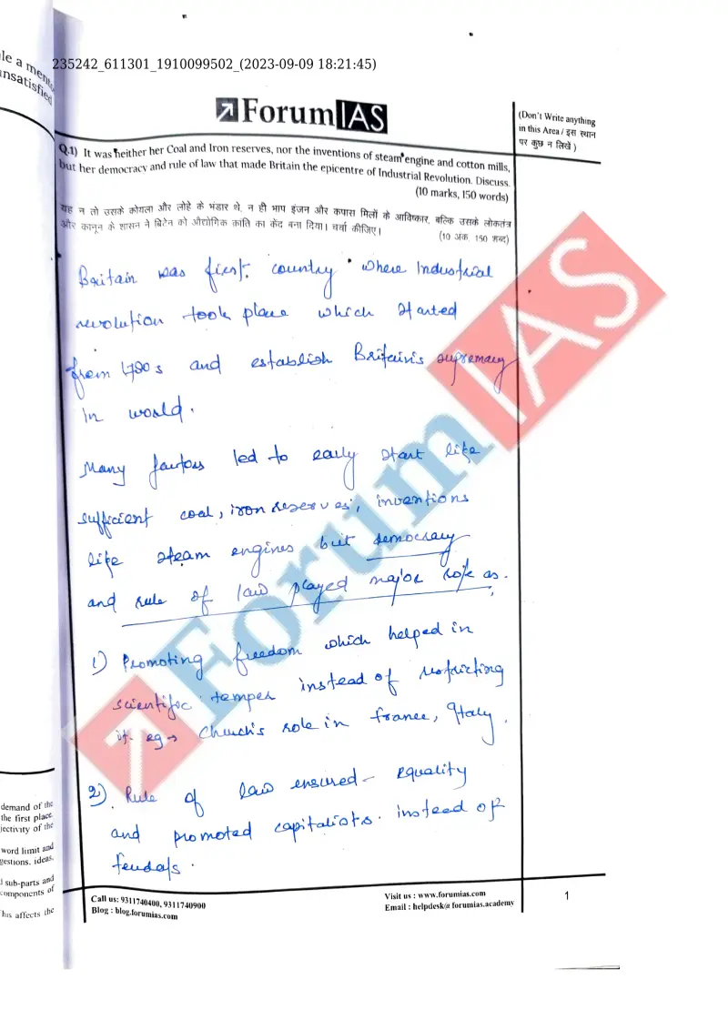 Rishabh Bhatt handwritten UPSC Mains answer to "Industrial Revolution in Britain - role of democracy & rule of law over coal/iron/inventio" (GS2, Rank 363, CSE 2023)