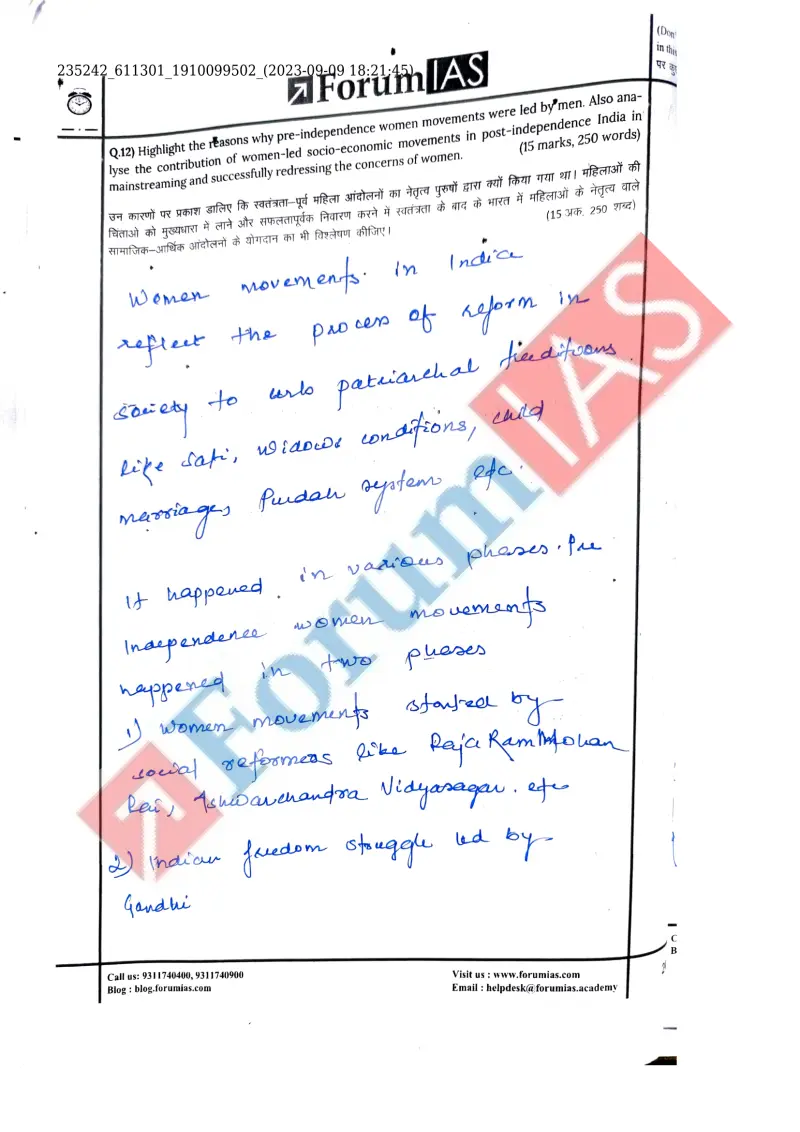 Rishabh Bhatt handwritten UPSC Mains answer to "Pre-independence women's movements led by men; post-independence women-led movements (15 m" (GS2, Rank 363, CSE 2023)