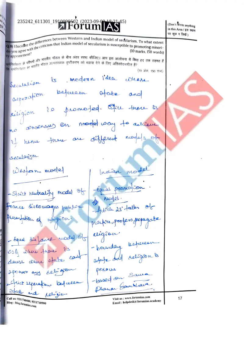 Rishabh Bhatt handwritten UPSC Mains answer to "Western vs Indian secularism; criticism of minority appeasement" (GS2, Rank 363, CSE 2023)