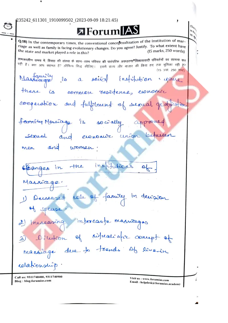 Rishabh Bhatt handwritten UPSC Mains answer to "Evolutionary changes in marriage & family; role of state and market (15 marks)" (GS2, Rank 363, CSE 2023)
