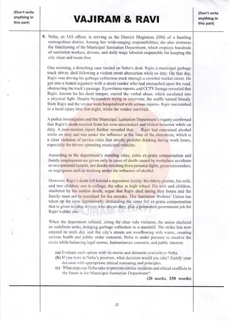Sandeep Badad handwritten UPSC Mains answer to "Neha (DM) — ex-gratia for a deceased garbage-truck driver (Rajiv); compassion vs rules" (GS4, Rank 82, CSE 2025)
