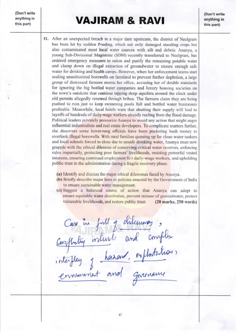 Sandeep Badad handwritten UPSC Mains answer to "Ananya (SDM), Neelgram — dam breach, flooding, water rationing, illegal borewells and farm" (GS4, Rank 82, CSE 2025)