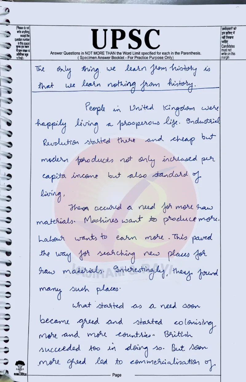 Shagun Kaushal handwritten UPSC Mains answer to "The only thing we learn from history is that we learn nothing from history" (Essay, Rank 145, CSE 2025)