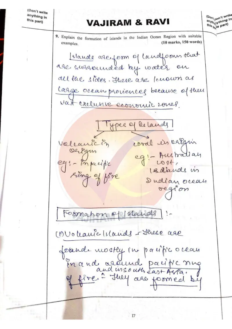 Shakti Dubey handwritten UPSC Mains answer to "Formation of islands in the Indian Ocean Region (10m/150w)" (GS1, AIR 1, CSE 2024)