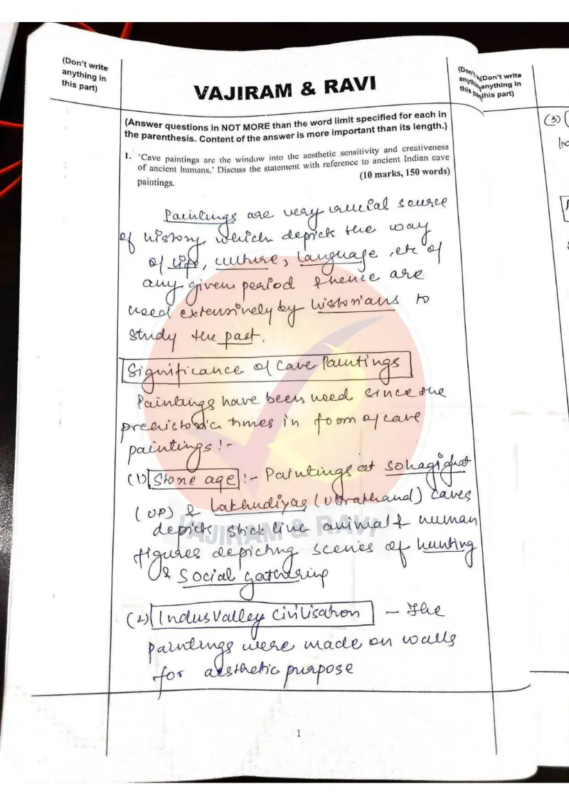 Shakti Dubey handwritten UPSC Mains answer to "Cave paintings as window into aesthetic sensitivity of ancient humans (10m/150w)" (GS1, AIR 1, CSE 2024)