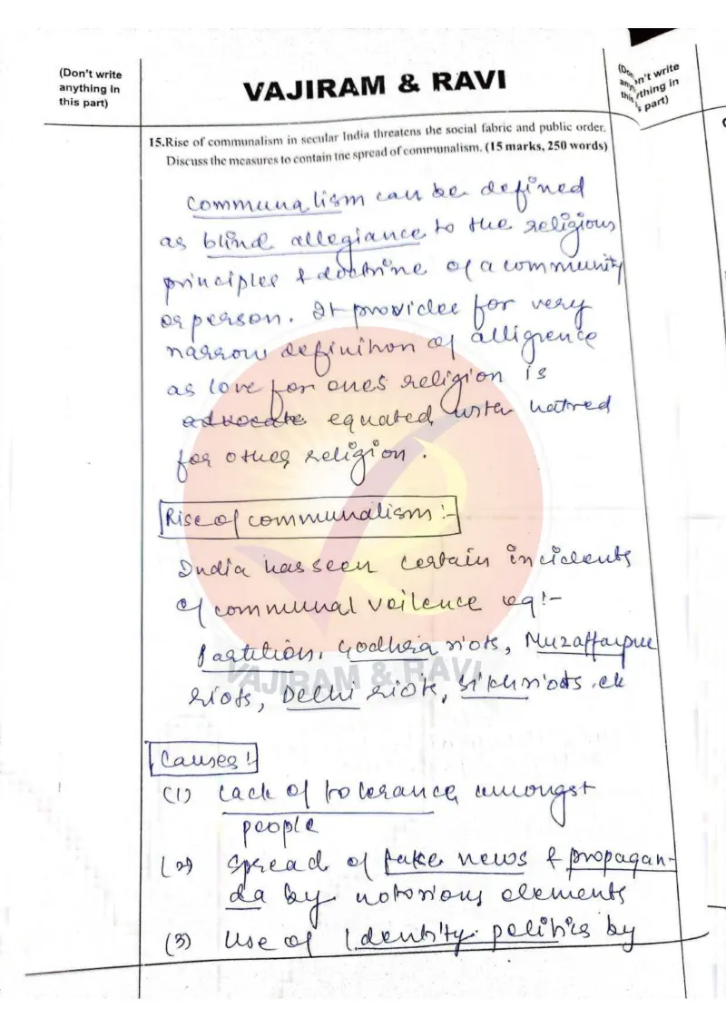 Shakti Dubey handwritten UPSC Mains answer to "Rise of communalism & measures to contain it (15m/250w)" (GS1, AIR 1, CSE 2024)