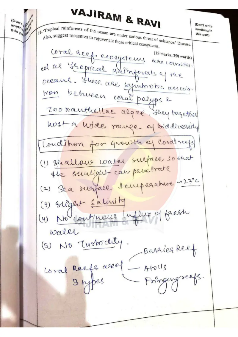 Shakti Dubey handwritten UPSC Mains answer to "'Tropical rainforests of the ocean' (coral reefs) under threat; rejuvenation measures (15m" (GS1, AIR 1, CSE 2024)