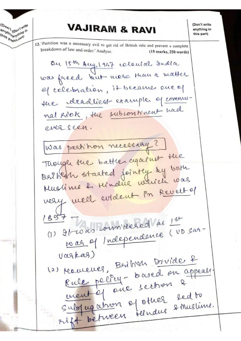 Shakti Dubey handwritten UPSC Mains answer to "'Partition was a necessary evil' — analyse (15m/250w)" (GS1, AIR 1, CSE 2024)
