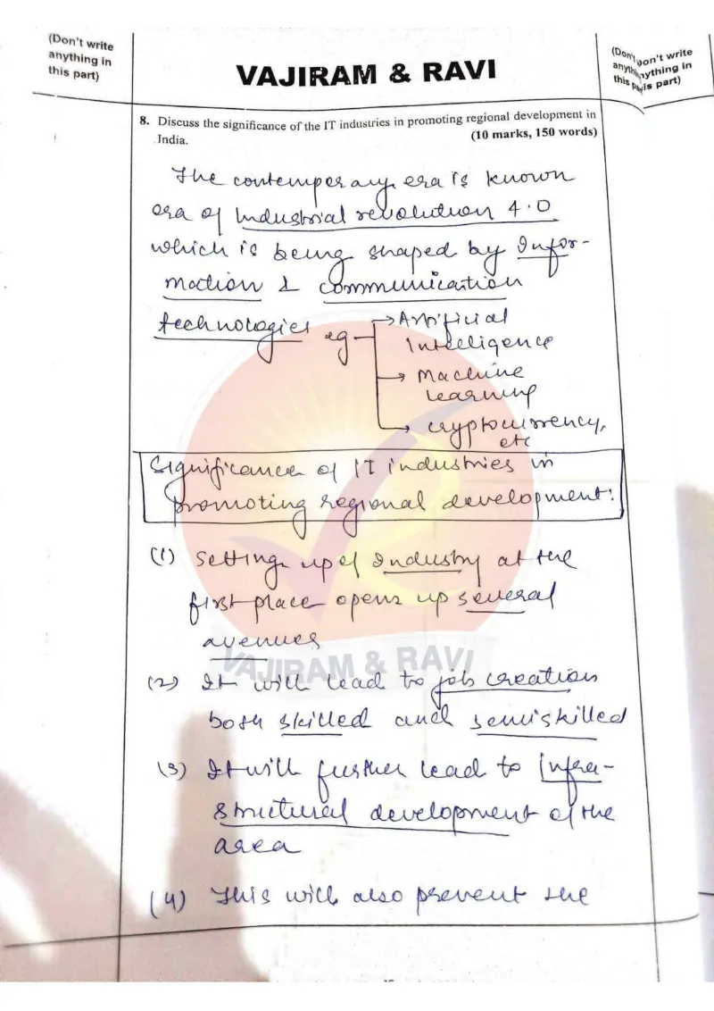 Shakti Dubey handwritten UPSC Mains answer to "Significance of IT industries in promoting regional development (10m/150w)" (GS1, AIR 1, CSE 2024)