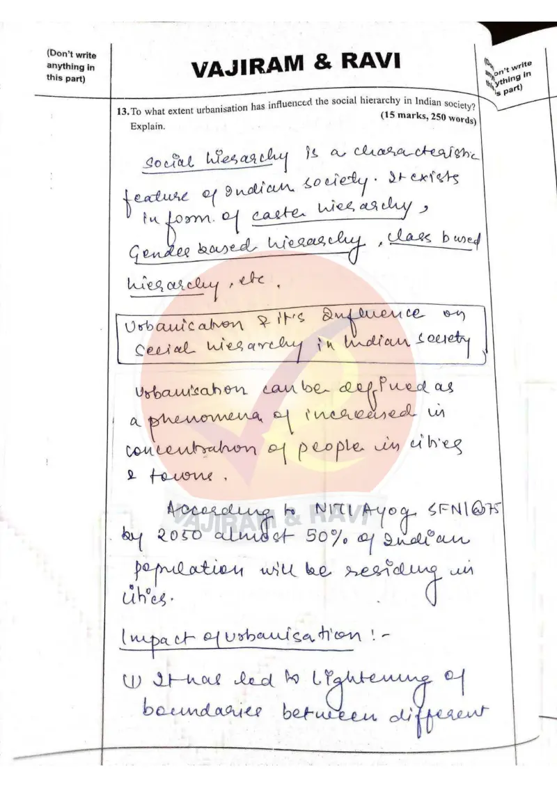 Shakti Dubey handwritten UPSC Mains answer to "Extent to which urbanisation influenced social hierarchy in India (15m/250w)" (GS1, AIR 1, CSE 2024)