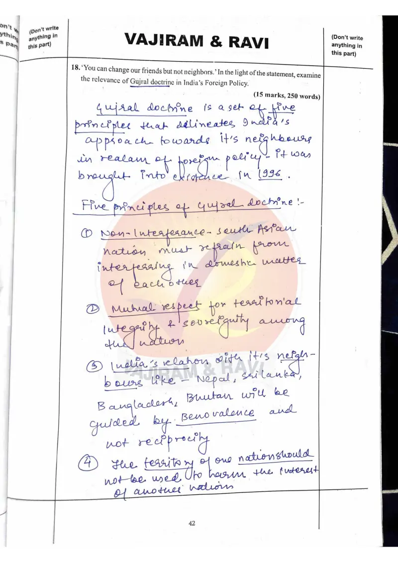 Shakti Dubey handwritten UPSC Mains answer to "Relevance of the Gujral Doctrine in India's foreign policy (15m)" (GS2, AIR 1, CSE 2024)