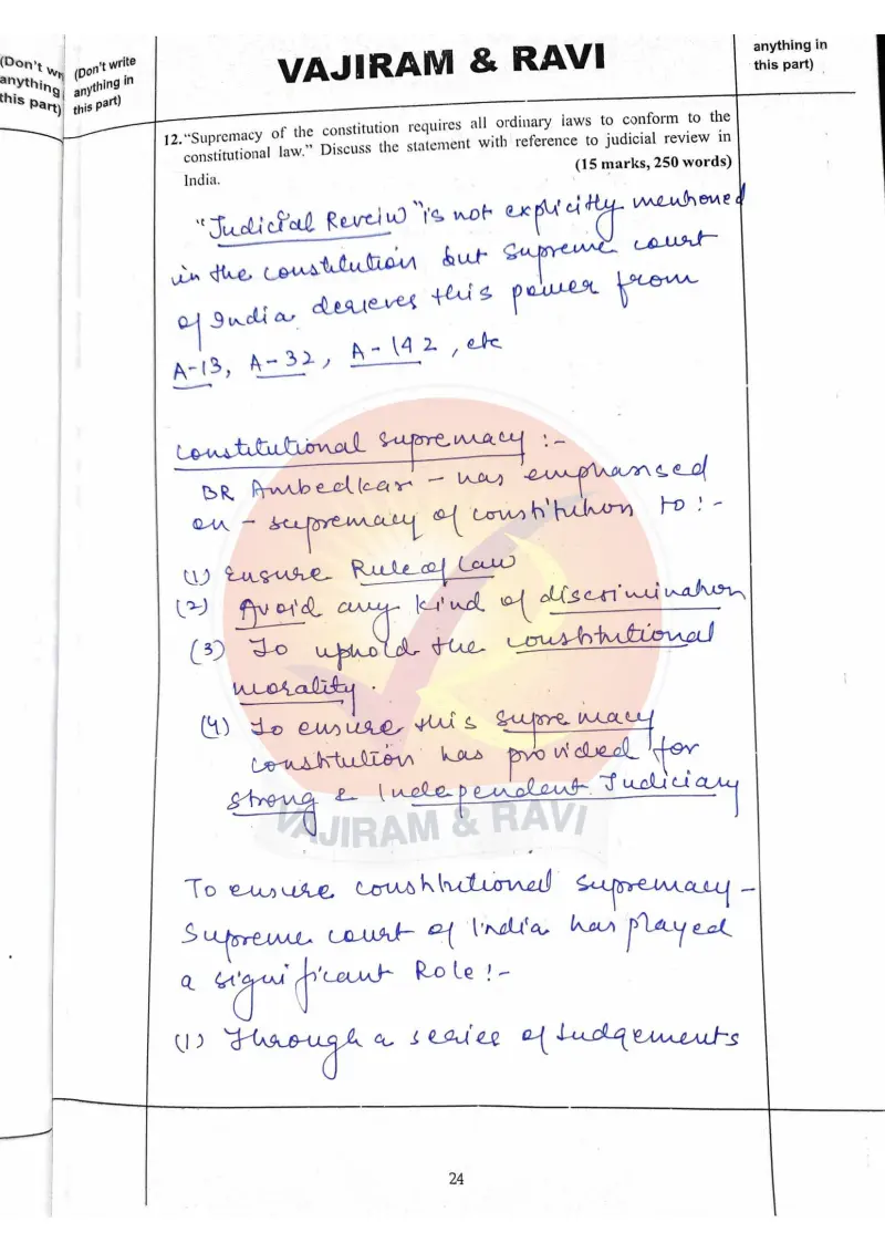 Shakti Dubey handwritten UPSC Mains answer to "Supremacy of the constitution and judicial review in India (15m)" (GS2, AIR 1, CSE 2024)
