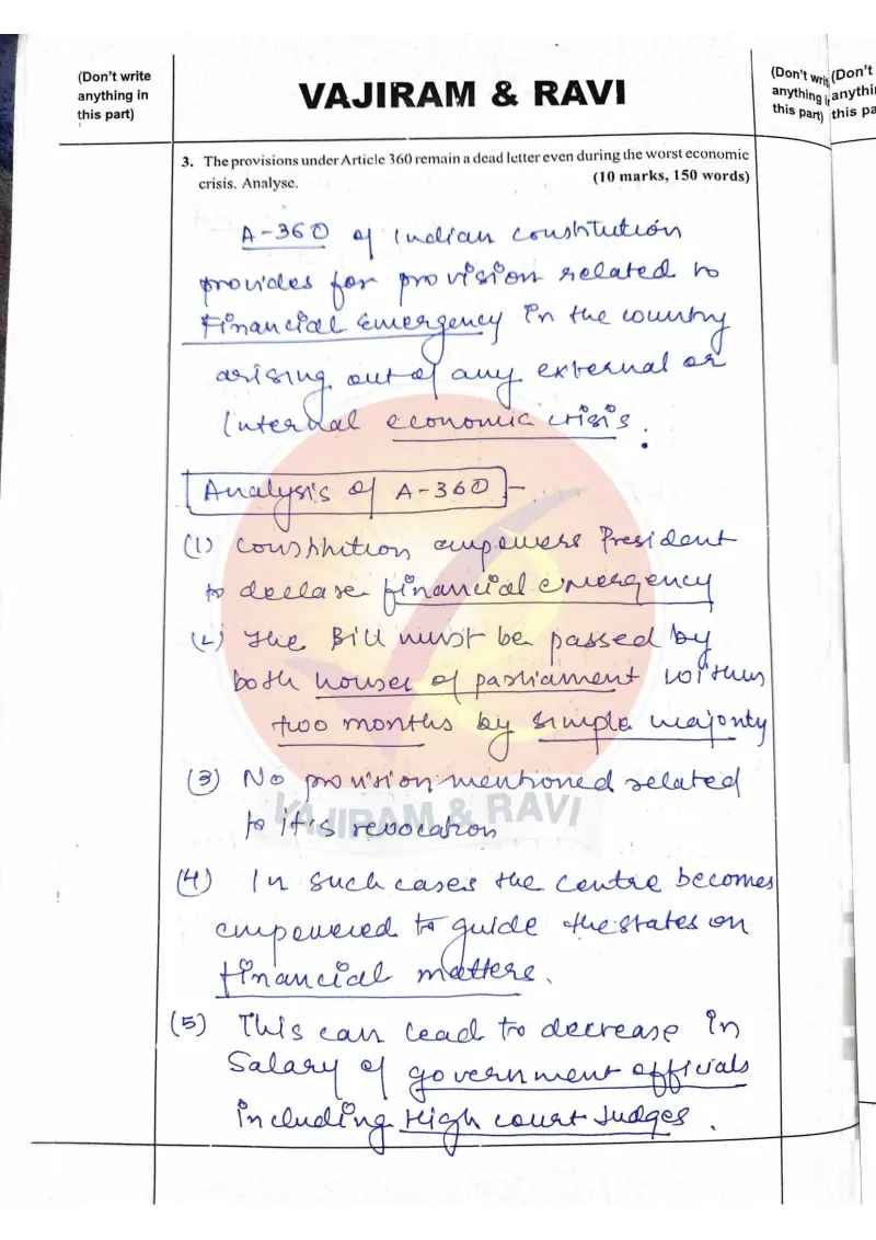 Shakti Dubey handwritten UPSC Mains answer to "Article 360 (Financial Emergency) remaining a dead letter even in worst economic crisis (1" (GS2, AIR 1, CSE 2024)