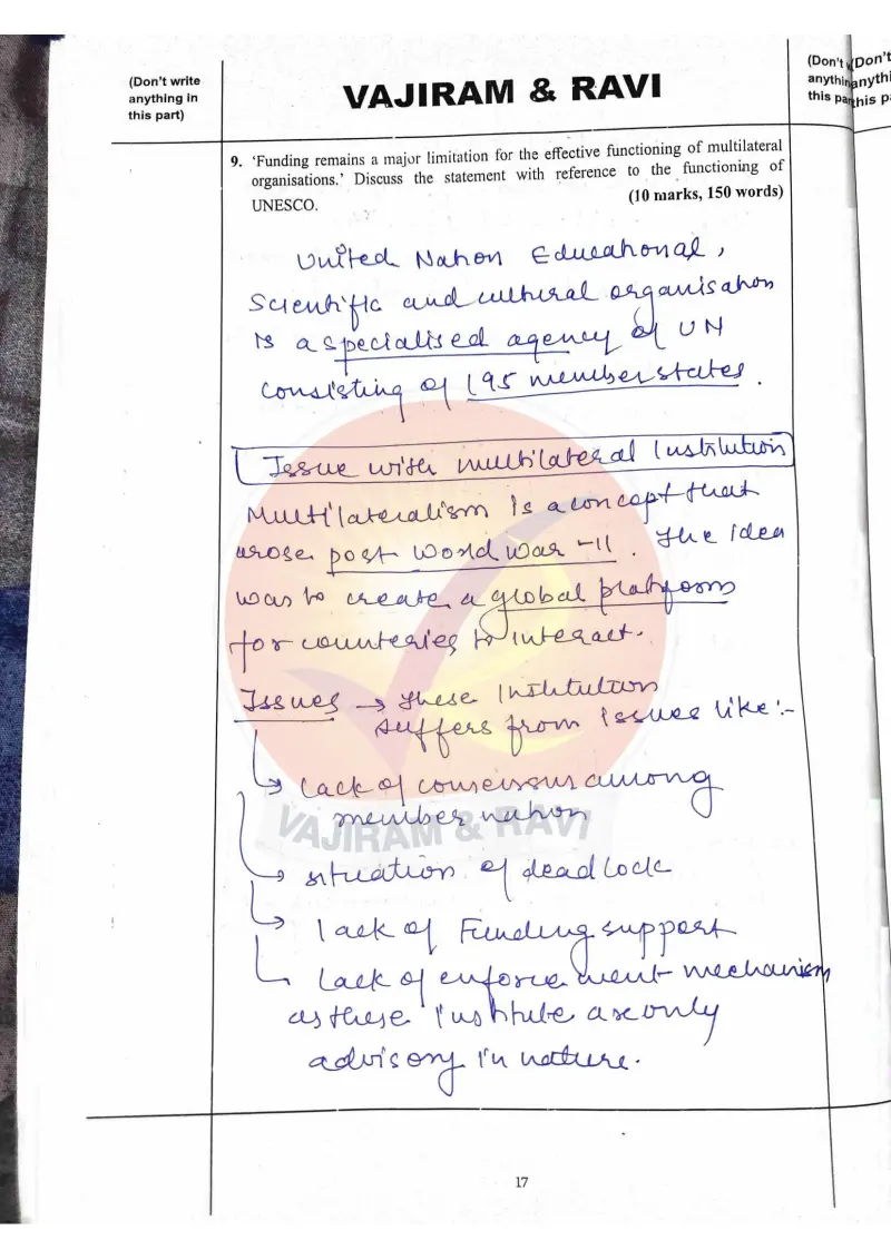 Shakti Dubey handwritten UPSC Mains answer to "Funding as a limitation for multilateral organisations, with reference to UNESCO (10m)" (GS2, AIR 1, CSE 2024)
