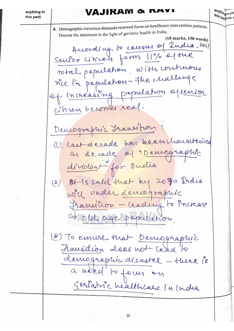 Shakti Dubey handwritten UPSC Mains answer to "Demographic transition and healthcare intervention, with reference to geriatric health in " (GS2, AIR 1, CSE 2024)