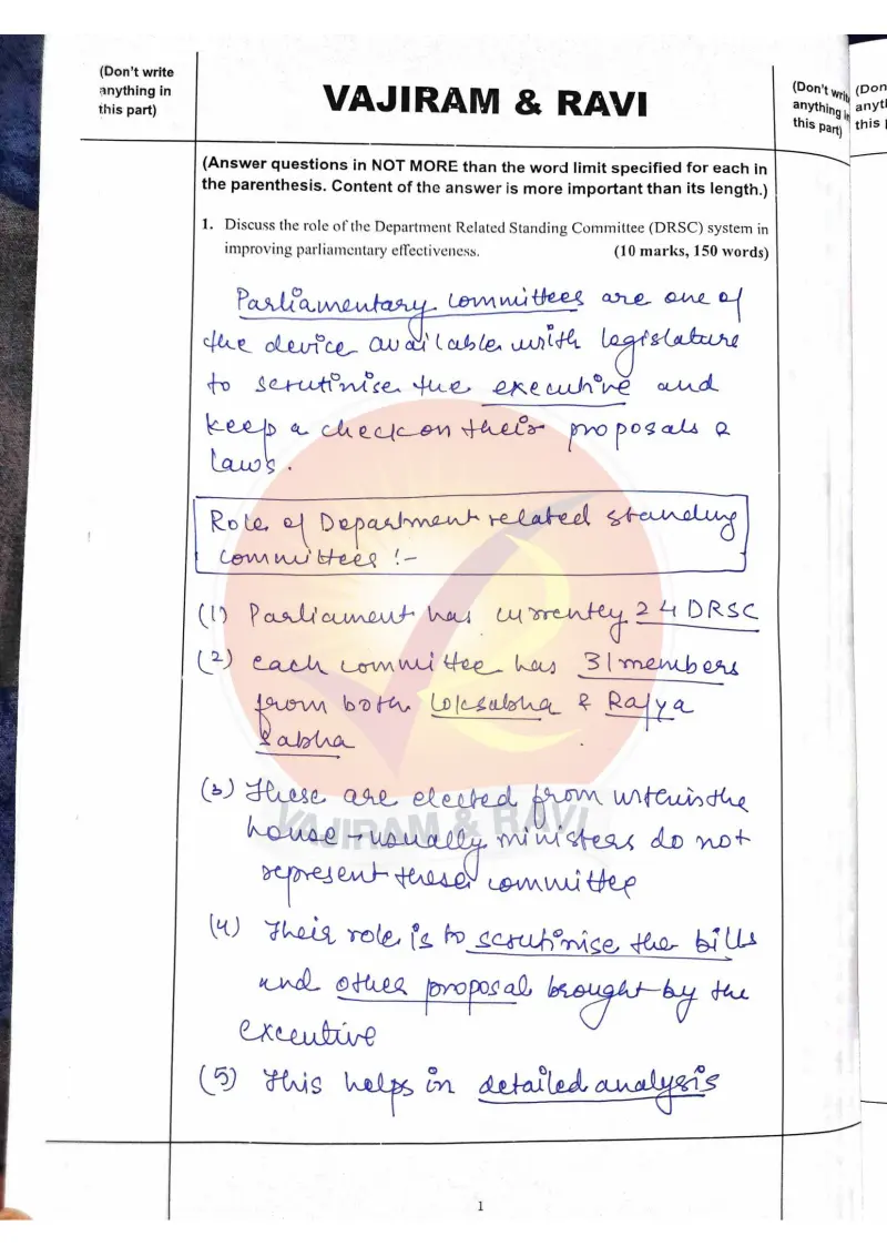 Shakti Dubey handwritten UPSC Mains answer to "Role of Department Related Standing Committees (DRSC) in improving parliamentary effective" (GS2, AIR 1, CSE 2024)