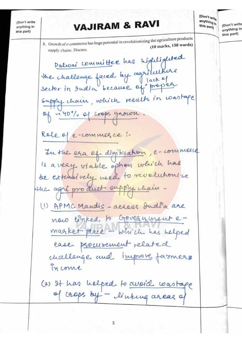 Shakti Dubey handwritten UPSC Mains answer to "E-commerce revolutionizing agriculture supply chains (10m)" (GS3, AIR 1, CSE 2024)