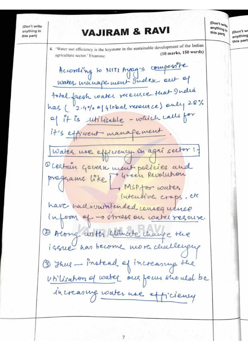 Shakti Dubey handwritten UPSC Mains answer to "Water-use efficiency as keystone of sustainable Indian agriculture (10m)" (GS3, AIR 1, CSE 2024)