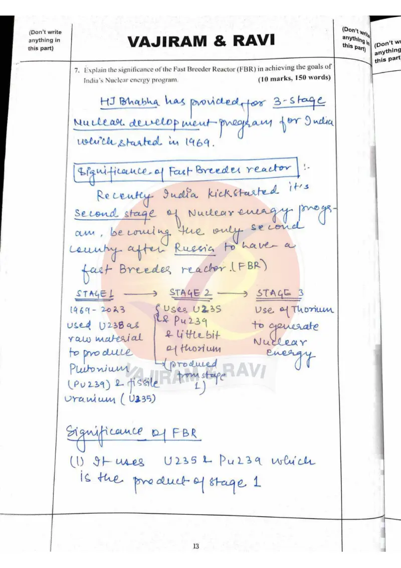 Shakti Dubey handwritten UPSC Mains answer to "Significance of Fast Breeder Reactor (FBR) in India's nuclear energy program (10m)" (GS3, AIR 1, CSE 2024)