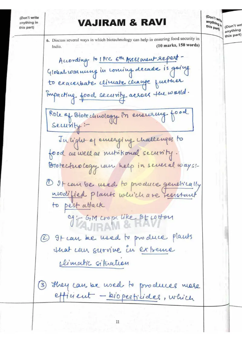 Shakti Dubey handwritten UPSC Mains answer to "Biotechnology for ensuring food security in India (10m)" (GS3, AIR 1, CSE 2024)