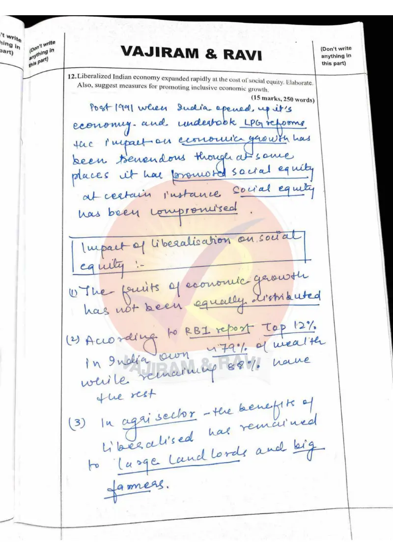 Shakti Dubey handwritten UPSC Mains answer to "Liberalization vs social equity; measures for inclusive growth (15m)" (GS3, AIR 1, CSE 2024)