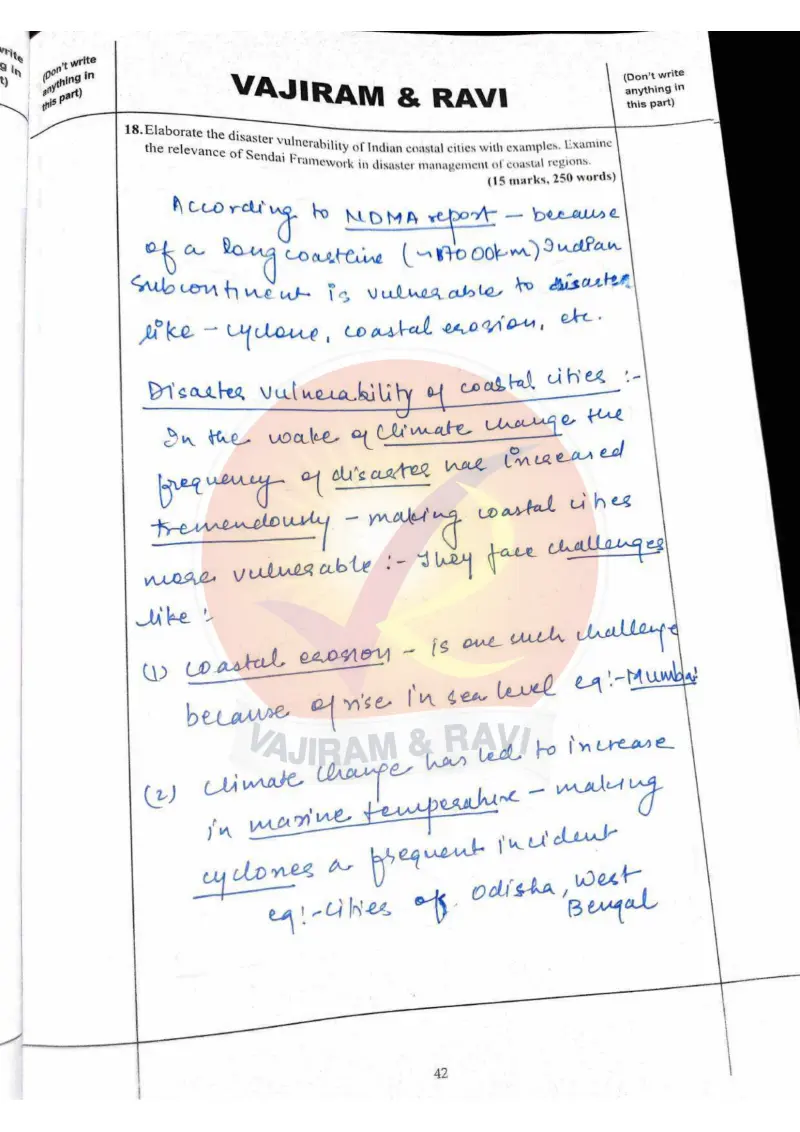 Shakti Dubey handwritten UPSC Mains answer to "Disaster vulnerability of coastal cities; relevance of Sendai Framework (15m)" (GS3, AIR 1, CSE 2024)