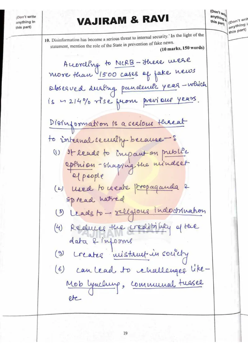 Shakti Dubey handwritten UPSC Mains answer to "Disinformation as internal security threat; State's role in preventing fake news (10m)" (GS3, AIR 1, CSE 2024)