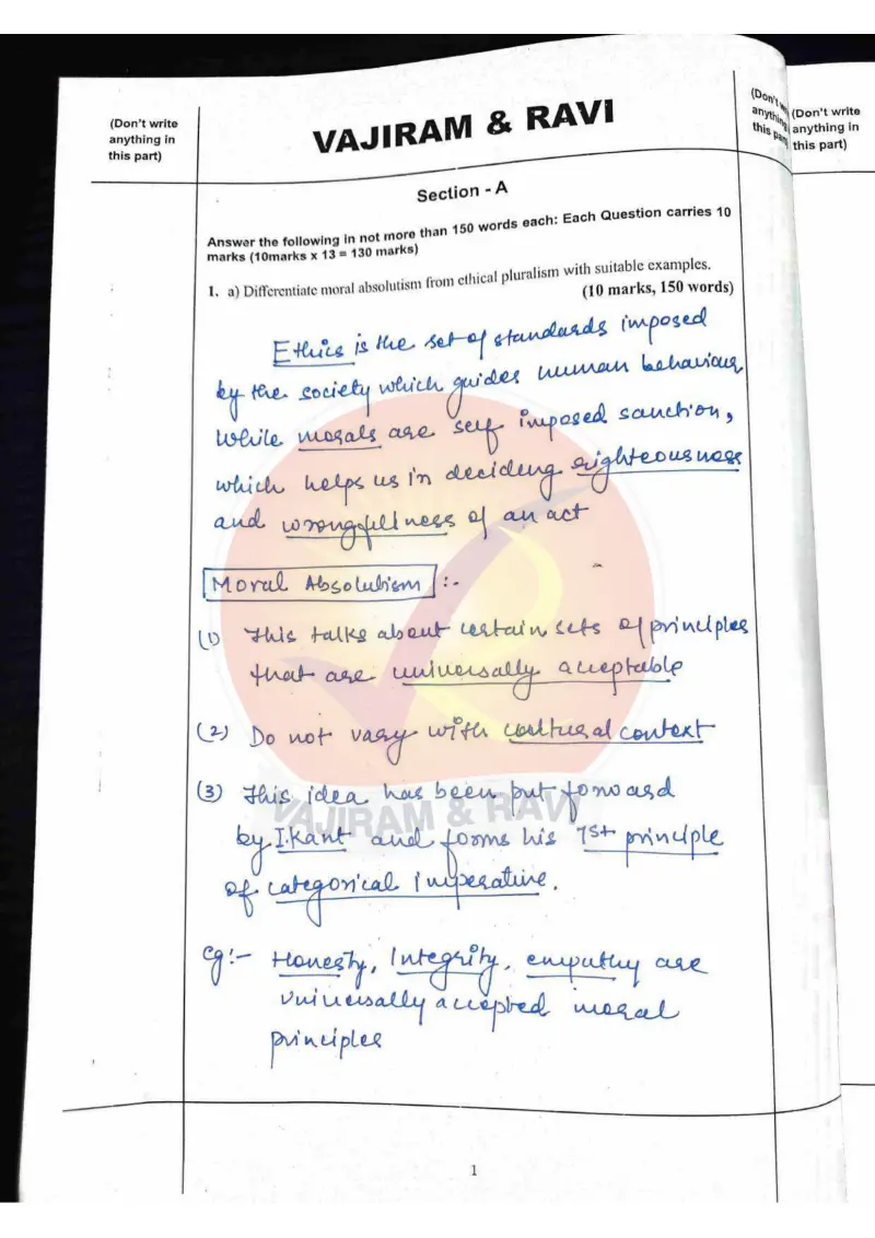 Shakti Dubey handwritten UPSC Mains answer to "Differentiate moral absolutism from ethical pluralism, with examples" (GS4, AIR 1, CSE 2024)