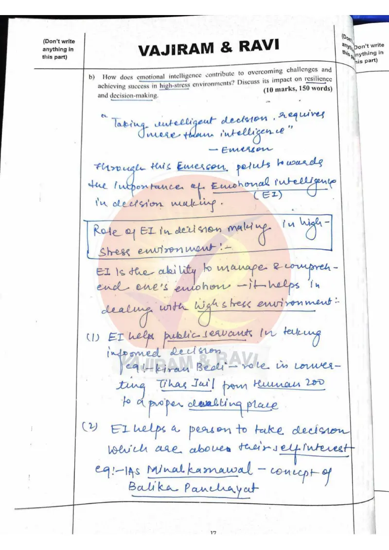 Shakti Dubey handwritten UPSC Mains answer to "Emotional intelligence in high-stress environments — impact on resilience and decision-mak" (GS4, AIR 1, CSE 2024)