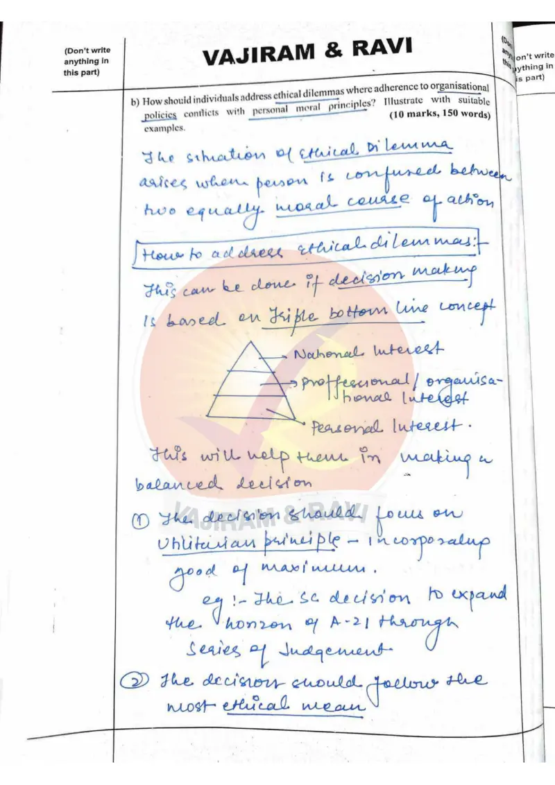 Shakti Dubey handwritten UPSC Mains answer to "Resolving ethical dilemmas where organisational policy conflicts with personal moral princ" (GS4, AIR 1, CSE 2024)