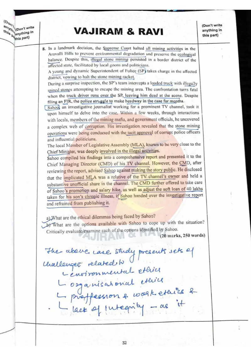 Shakti Dubey handwritten UPSC Mains answer to "Case study: Aravalli illegal stone mining, SP killed, journalist Sahoo bribed by CMD to su" (GS4, AIR 1, CSE 2024)