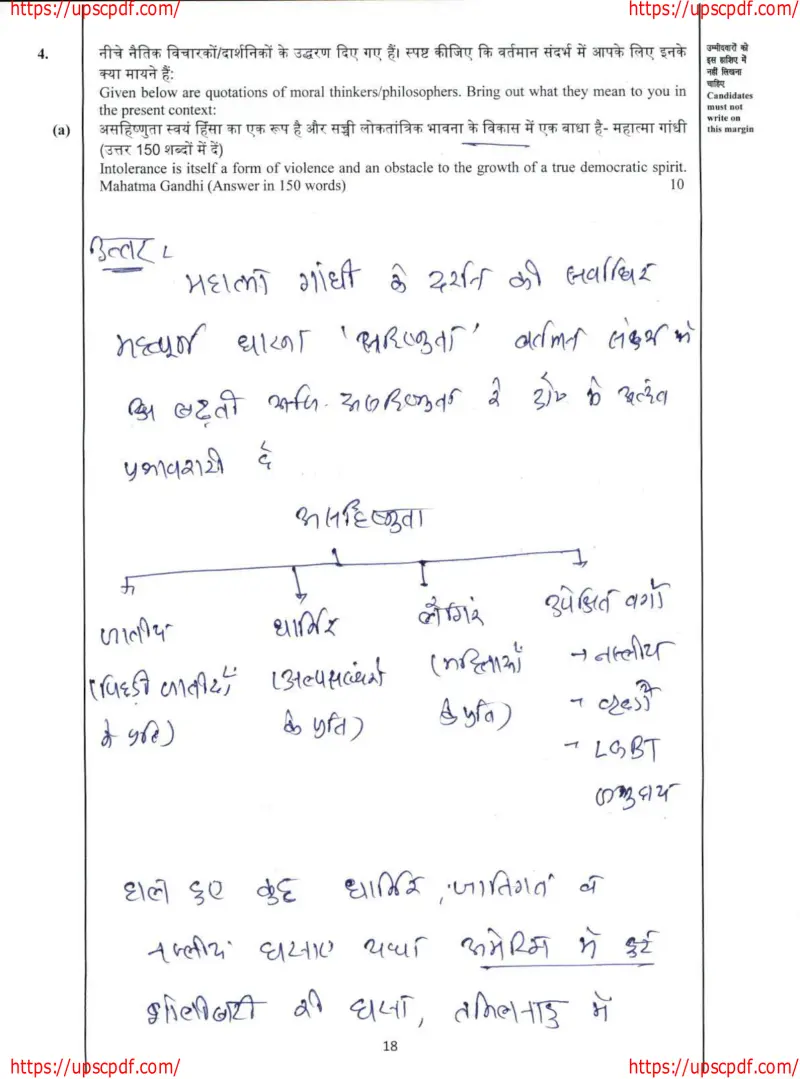Shubham Raghuvanshi handwritten UPSC Mains answer to "Mahatma Gandhi quote - 'Intolerance is itself a form of violence and an obstacle to a true" (GS, Rank 556, CSE 2024)