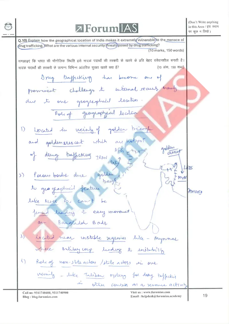 Utkarsh Pathak handwritten UPSC Mains answer to "India's geography and vulnerability to drug trafficking; internal security threats (10m)" (GS, Rank 88, CSE 2024)