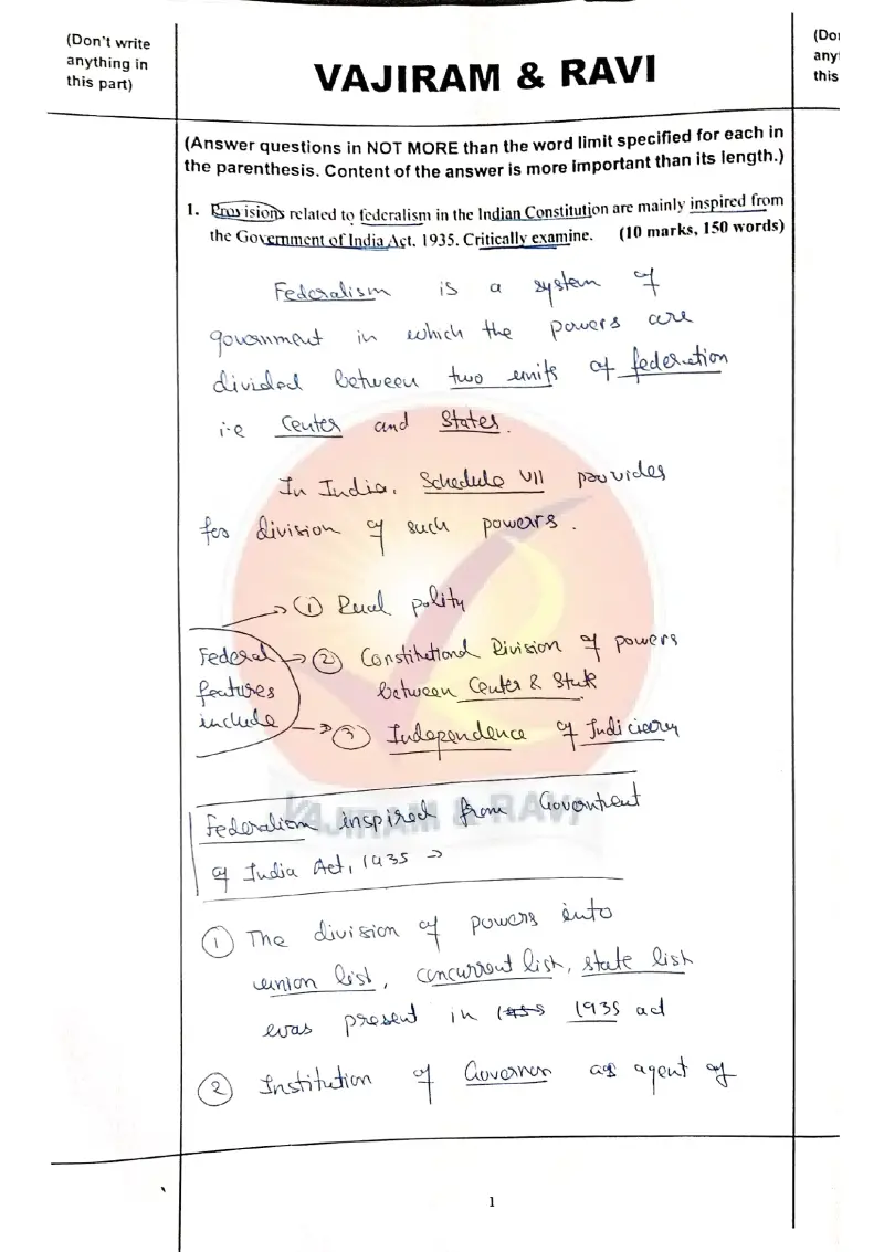 Utkarsh Yadav handwritten UPSC Mains answer to "Federalism in Indian Constitution inspired by Government of India Act 1935 (critically exa" (GS1, AIR 32, CSE 2025)