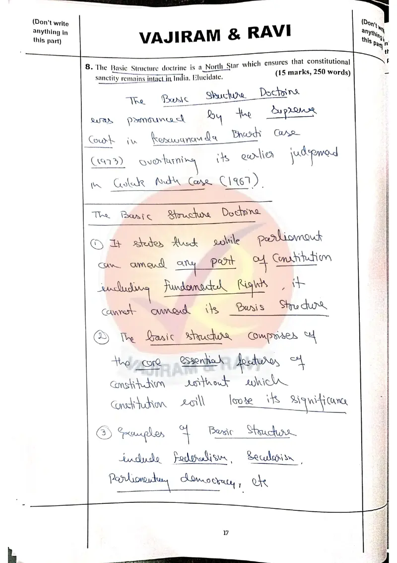 Utkarsh Yadav handwritten UPSC Mains answer to "Basic Structure doctrine as a 'North Star' for constitutional sanctity" (GS1, AIR 32, CSE 2025)