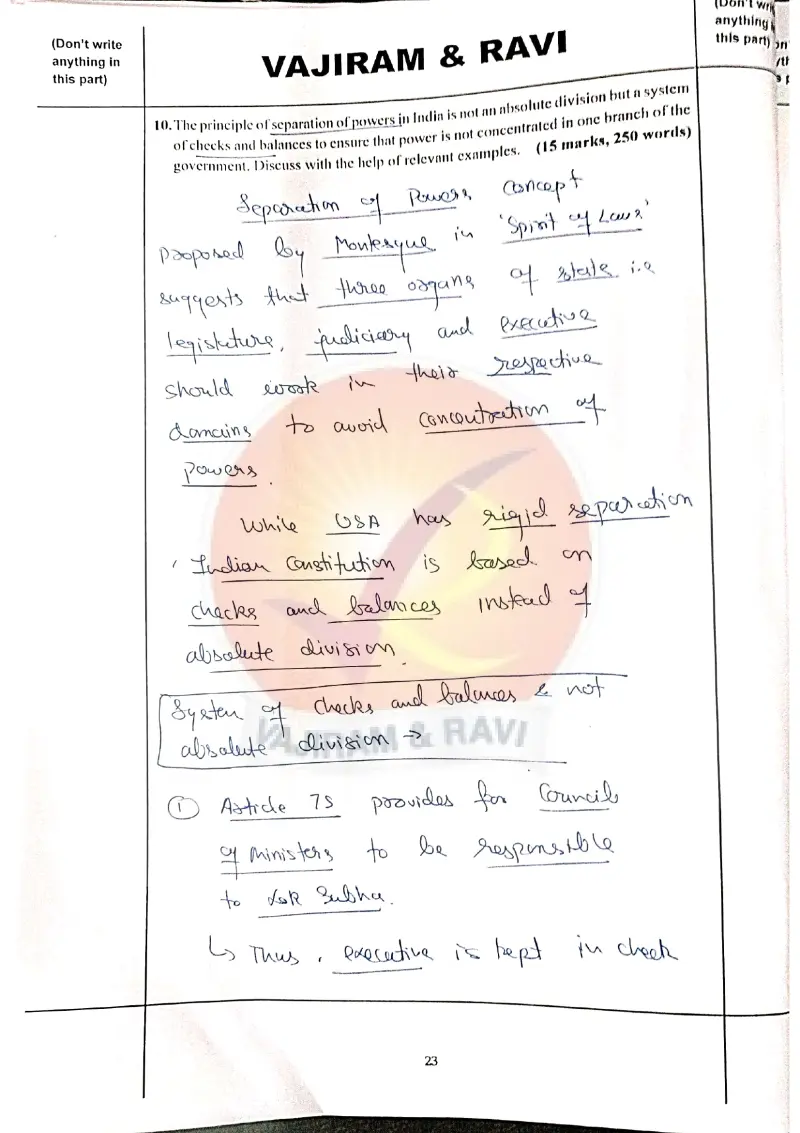 Utkarsh Yadav handwritten UPSC Mains answer to "Separation of powers as checks and balances (not absolute division)" (GS1, AIR 32, CSE 2025)