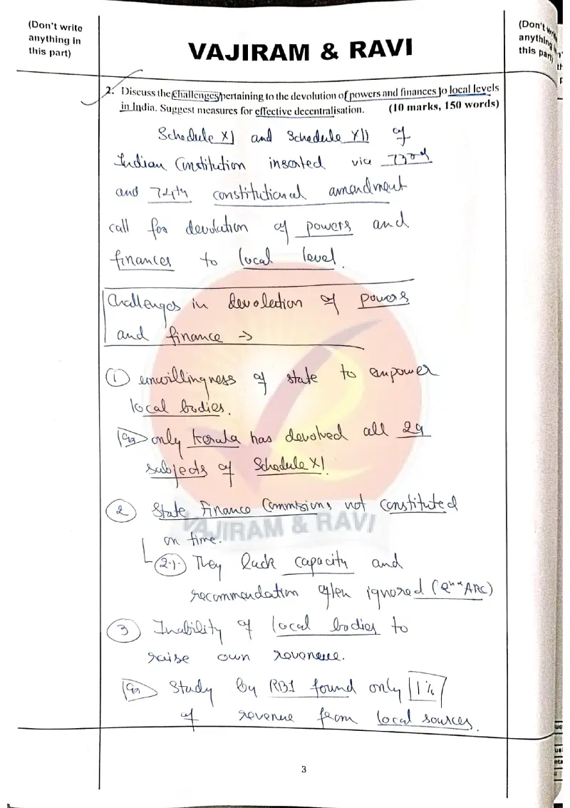 Utkarsh Yadav handwritten UPSC Mains answer to "Challenges in devolution of powers/finances to local bodies; measures for decentralisation" (GS1, AIR 32, CSE 2025)
