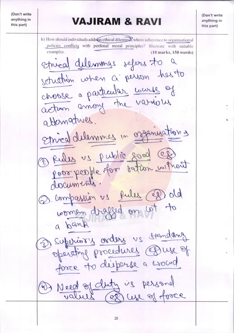 Vikas handwritten UPSC Mains answer to "Ethical dilemmas: organisational policy vs personal moral principles" (GS4, Rank 27, CSE 2025)