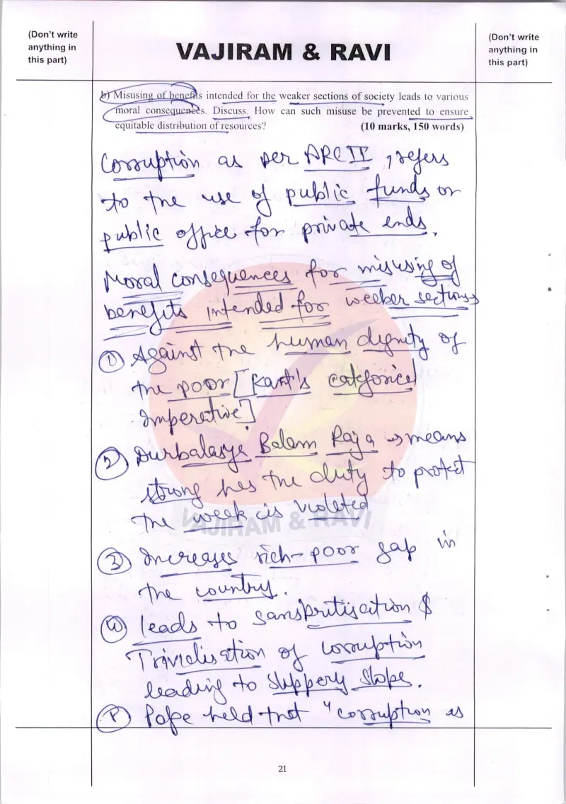 Vikas handwritten UPSC Mains answer to "Misuse of welfare benefits for weaker sections — moral consequences & prevention" (GS4, Rank 27, CSE 2025)