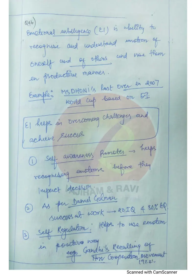 Vimal Kumar handwritten UPSC Mains answer to "Emotional Intelligence - role in success, resilience, decisions" (GS4, Rank 107, CSE 2025)