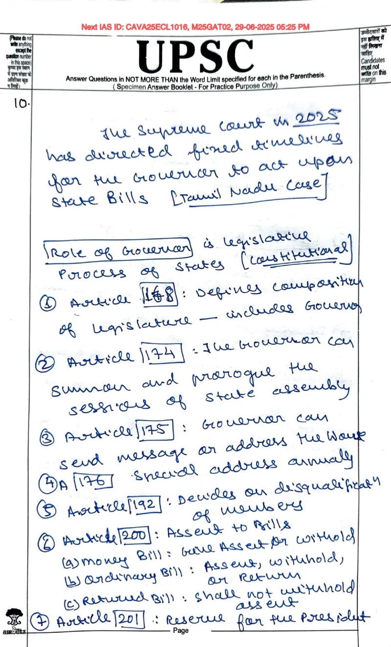 Yashaswi Raj Vardhan handwritten UPSC Mains answer to "Governor's role in state legislative process; assent to Bills" (GS2, Rank 11, CSE 2025)