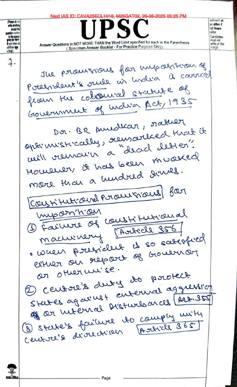 Yashaswi Raj Vardhan handwritten UPSC Mains answer to "President's rule / Article 356 — provisions, safeguards, criticism" (GS2, Rank 11, CSE 2025)