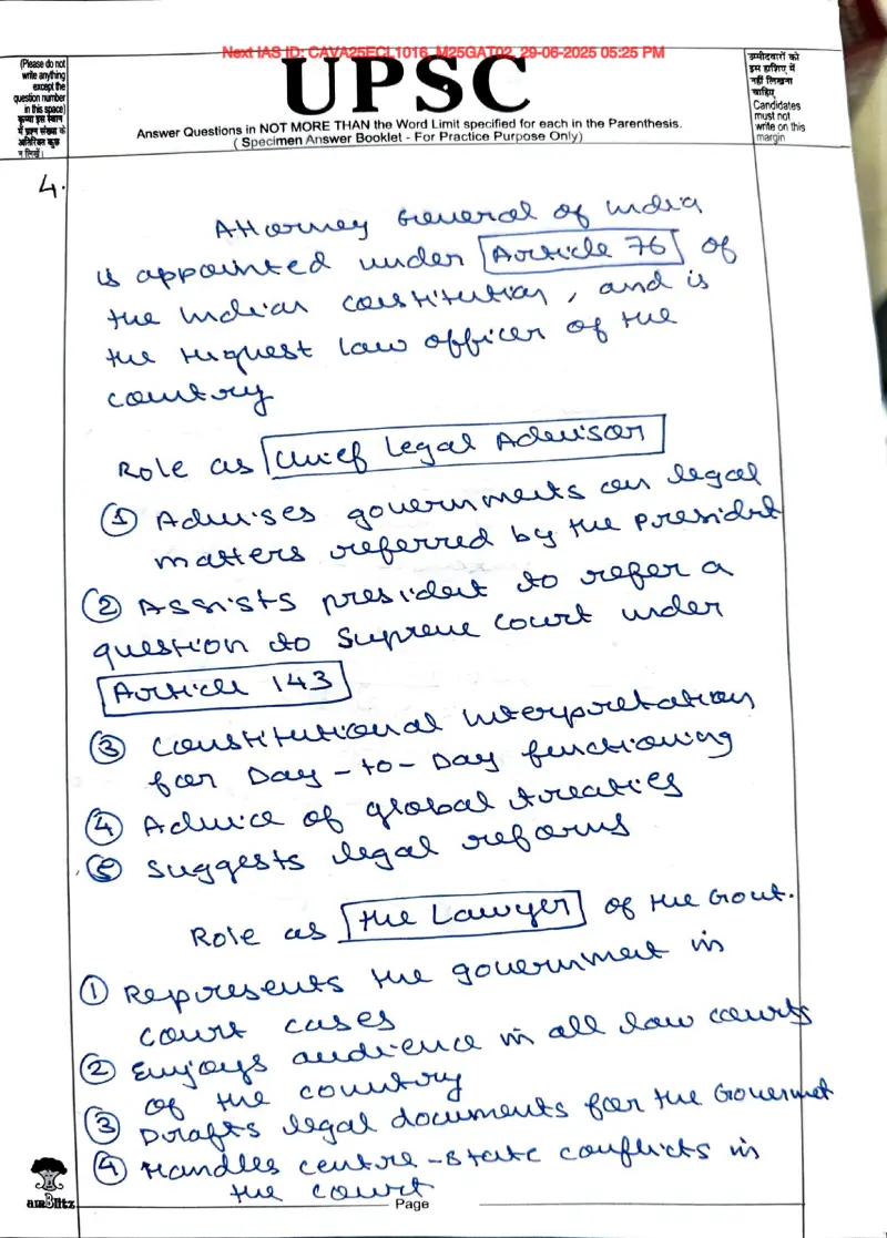 Yashaswi Raj Vardhan handwritten UPSC Mains answer to "Attorney General of India — roles, limitations, safeguards" (GS2, Rank 11, CSE 2025)