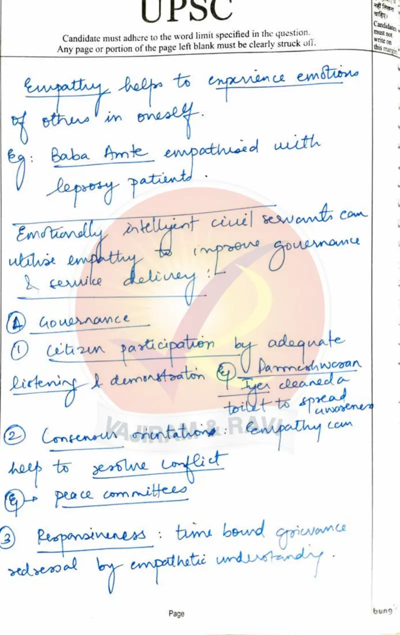 Aayushi Bansal handwritten UPSC Mains answer to "Empathy and emotionally intelligent civil servants improving governance/service delivery" (GS4, AIR 7, CSE 2024)