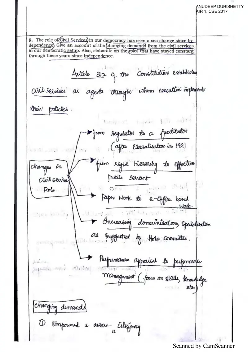Anudeep Durishetty handwritten UPSC Mains answer to "Changing demands from civil services since Independence and roles that stayed constant" (GS2, AIR 1, CSE 2017)