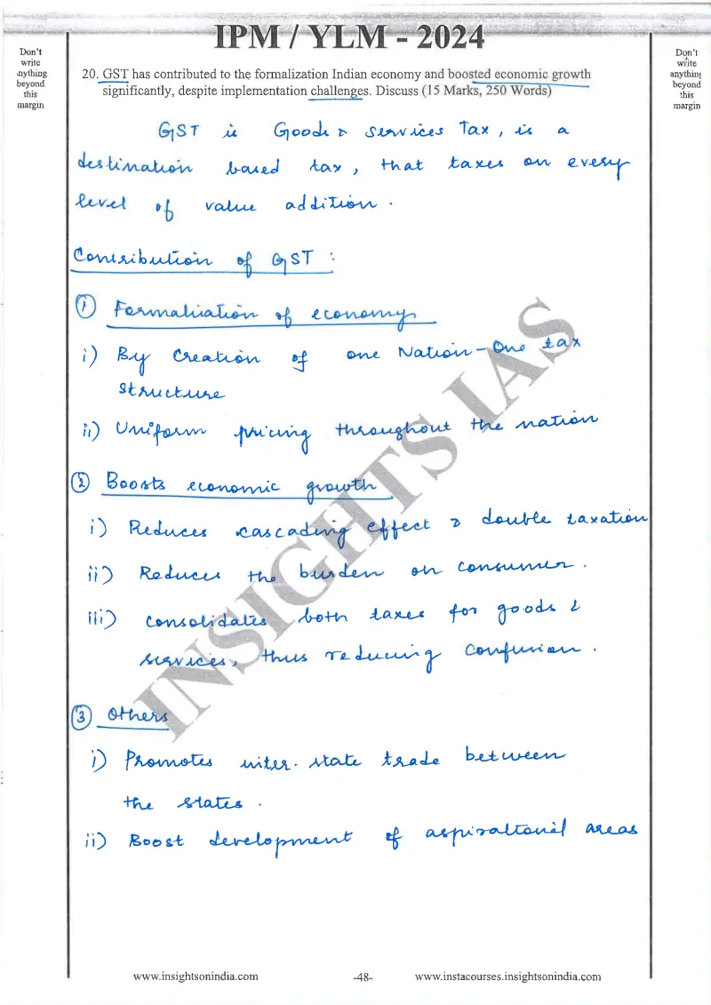 Apsara N handwritten UPSC Mains answer to "GST — formalization, growth, implementation challenges (15m)" (GS3, Rank 192, CSE 2024)