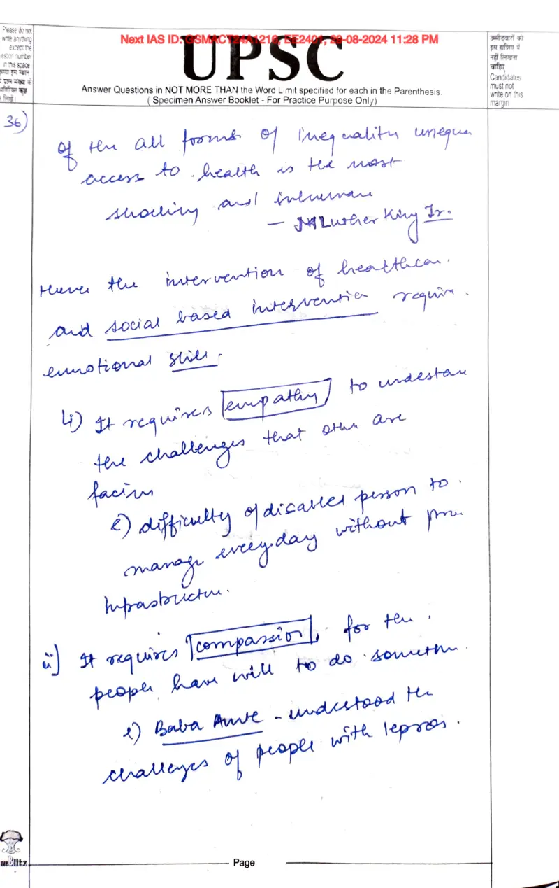 Deepali Mahto handwritten UPSC Mains answer to "Emotional skills (empathy, compassion) in healthcare/welfare delivery" (GS4, Rank 36, CSE 2025)