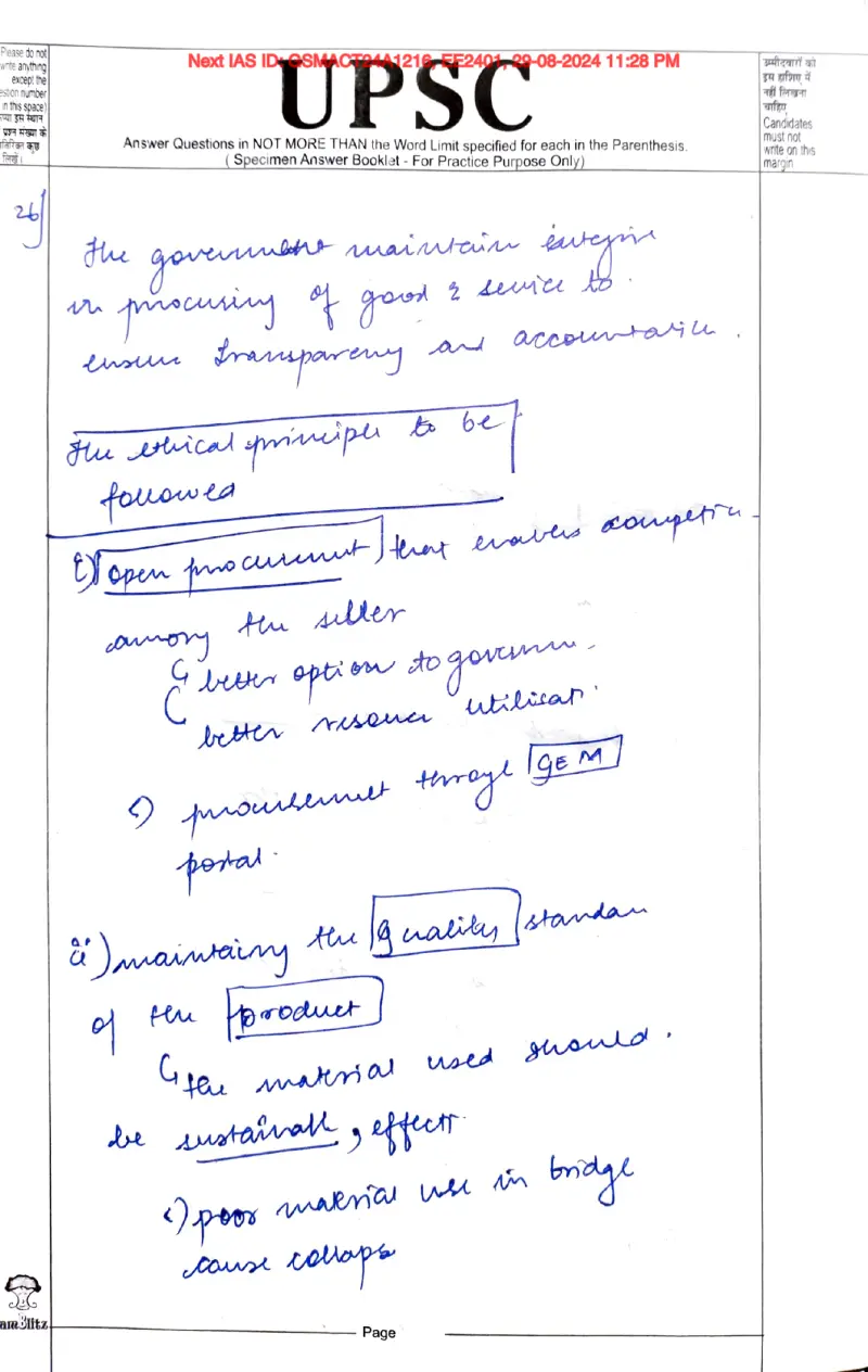Deepali Mahto handwritten UPSC Mains answer to "Ethical principles in government procurement (open tender/GeM, quality standards, social a" (GS4, Rank 36, CSE 2025)